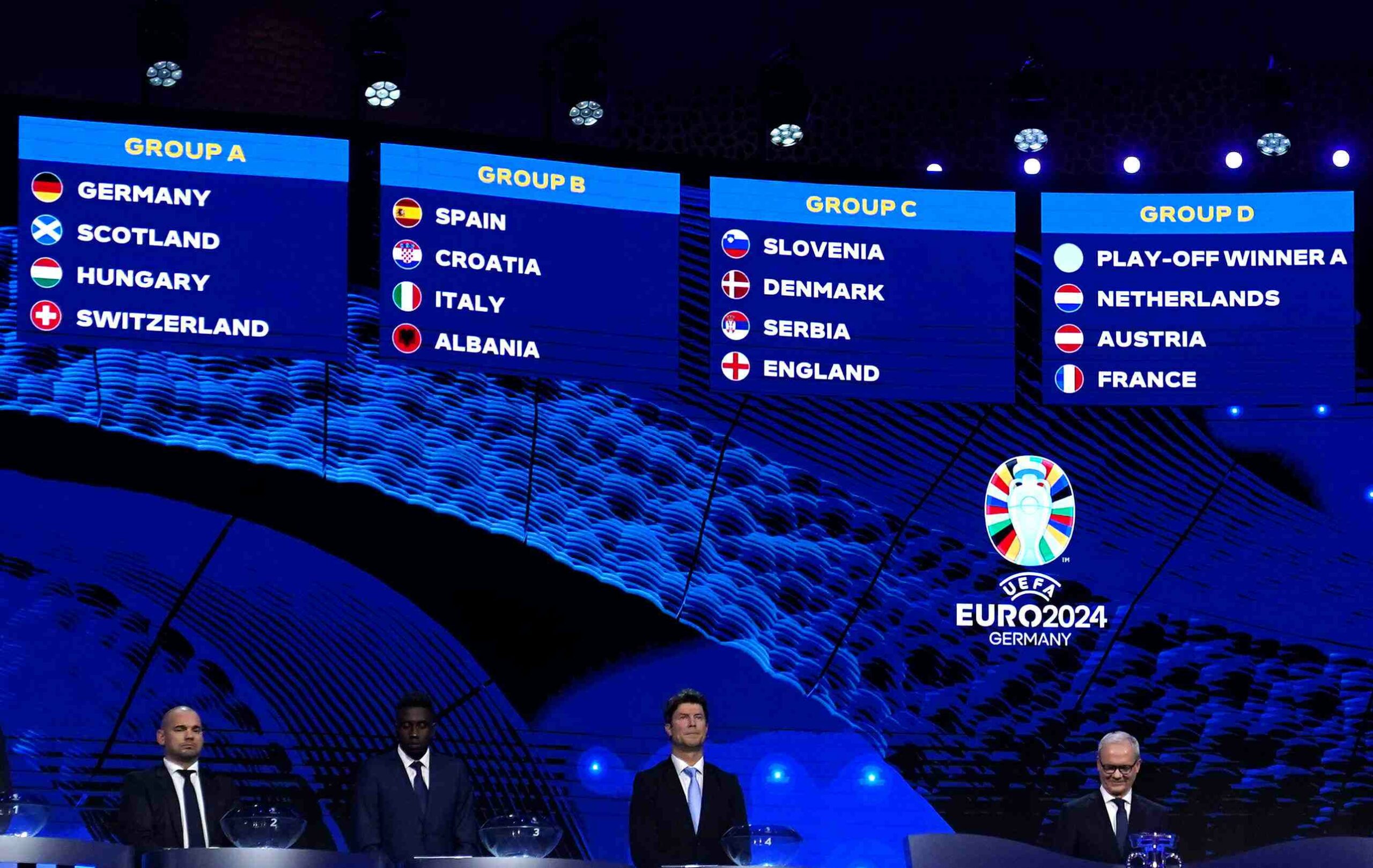 An image displaying the UEFA EURO 2024 qualification ceremony with a large screen showcasing the teams in Groups A, B, C, and D, as fans and officials watch eagerly.